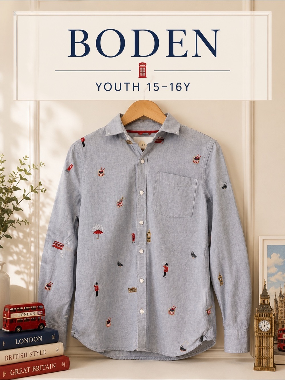 Boden British Motif Embroidered Button Down Shirt Youth 15–16Y